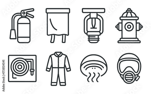 Fire safety icons collection featuring fire extinguisher hydrant sprinkler alarm and gear