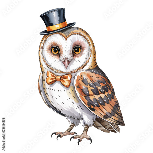 Cute barn owl like a gentleman. Hand drawn watercolor illustration.