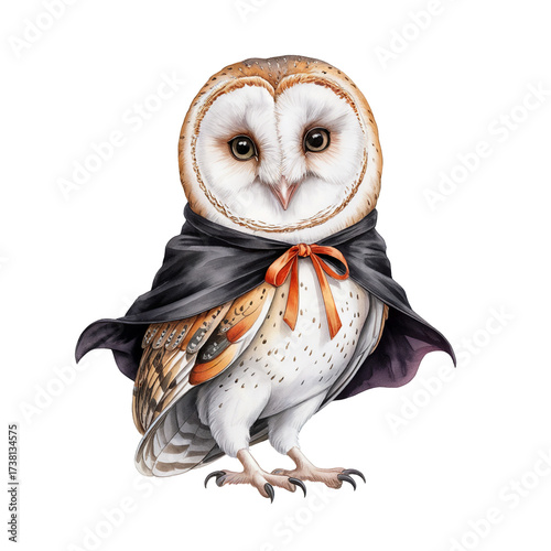 Cute Halloween owl in cloak. Hand drawn watercolor illustration.