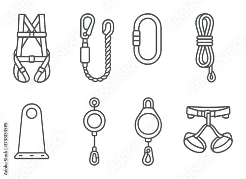 Set of climbing gear icons: harness, carabiner, rope, ascender, sling, pulley, belay device