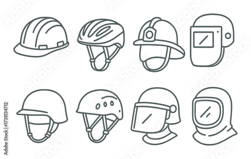 Collection of various protective work and safety helmets