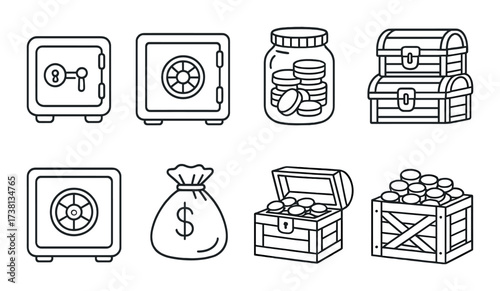 Icons of safes, currency, and treasure chests in black and white