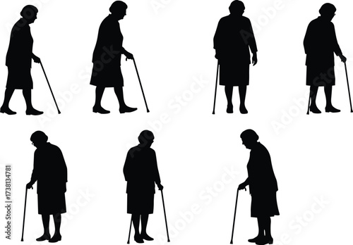 Elderly people silhouettes walking with cane vector set, senior citizens mobility support, aging population graphic design elements for healthcare illustration