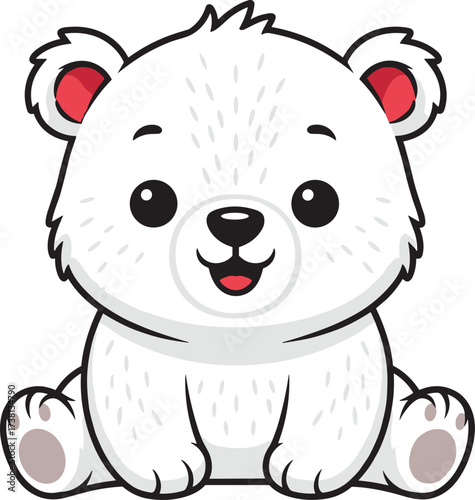 Cute cartoon baby polar bear sitting with happy face, adorable white bear cub illustration, arctic animal character design, children clipart background