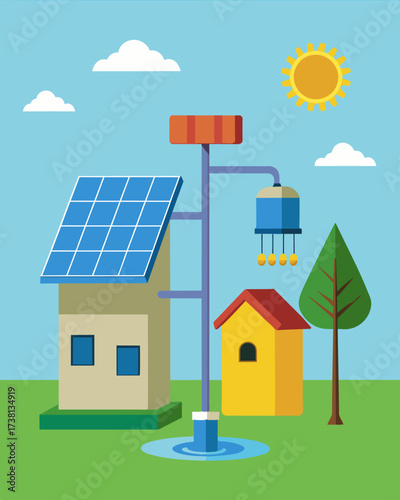 A solarpowered water pump system enabling a school in a remote region to have access to clean drinking water.. Vector illustration