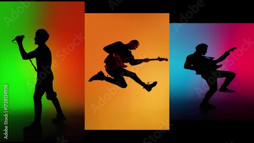Eye-catching ad. Silhouettes of various musicians playing different instruments over multicolored background in neon. Concept of emotions, art, ad and music.