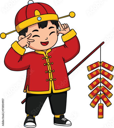 Cute cartoon Chinese boy in red traditional outfit smiling with festive firecrackers on stick, celebrating Chinese New Year holiday illustration