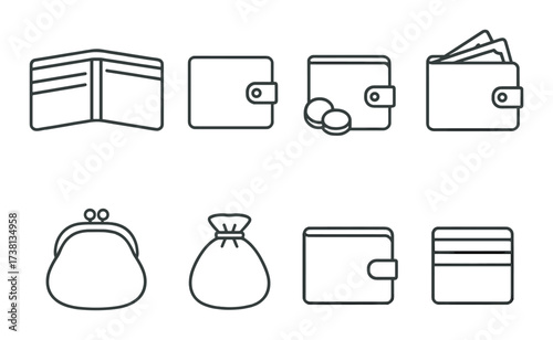 Set of eight wallet and coin purse icons in minimalist design