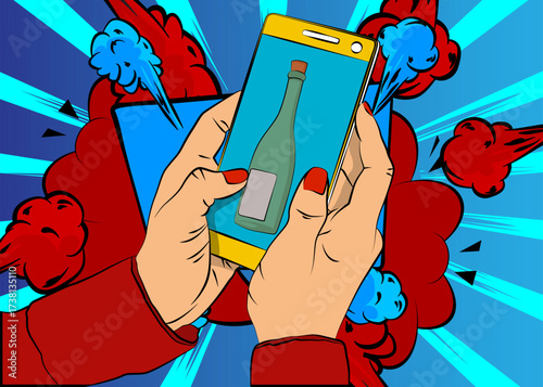 Cartoon Smartphone, comic book Telephone with glass bottle. Retro vector comics pop art design.