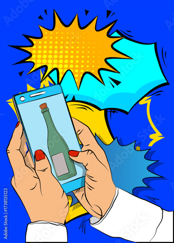 Cartoon Smartphone, comic book Telephone with glass bottle. Retro vector comics pop art design.