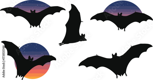 Flying bat silhouettes with colorful sunset sky, stars, and gradient background design for Halloween, spooky, nocturnal wildlife, and nature themes
