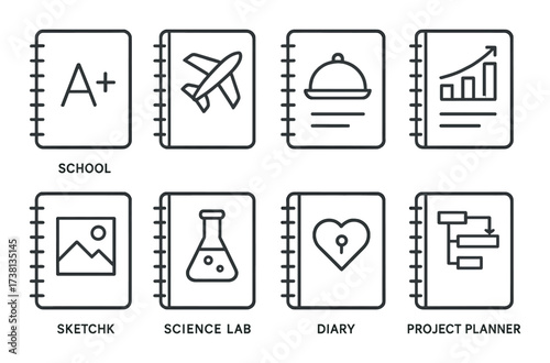 Variety of notebook icons: school, travel, cuisine, and projects