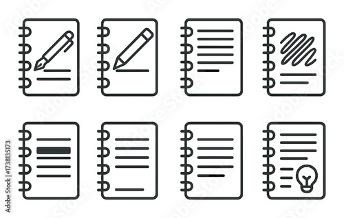 Set of eight notebook icons depicting various styles on dark background