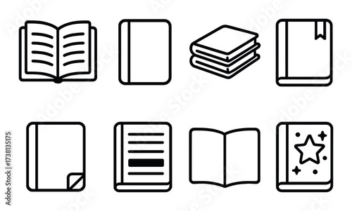 Set of eight minimalist book icons with reading and education theme