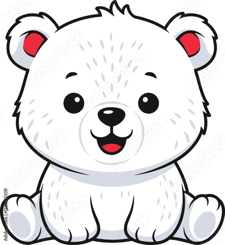 Cute cartoon polar bear cub sitting happy, adorable baby white bear illustration, arctic animal character clipart, children drawing design for kids