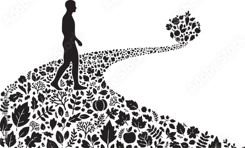 Silhouette of Man Walking on a Path Made of Leaves, Fruits, and Vegetables