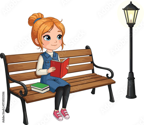 Cute girl reading book on wooden park bench near street lamp, cartoon illustration of child studying outdoors in peaceful evening atmosphere