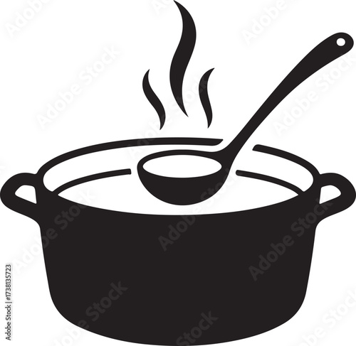 Steaming Soup Pot and Ladle Icon Cooking and Hot Food Vector