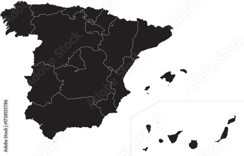 Detailed Map of Spain Silhouette with Regions and Islands