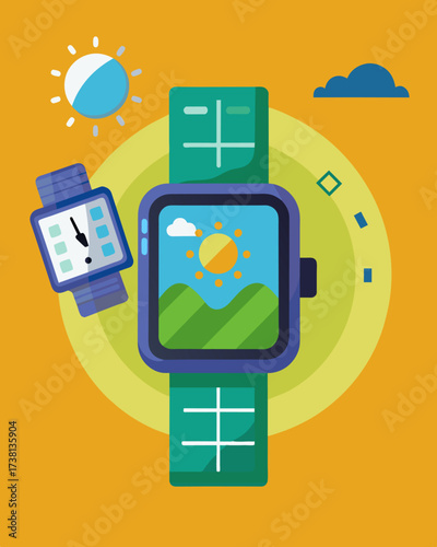 A waterresistant solarpowered watch that not only tells time but also charges your other gadgets while youre on the go.. Vector illustration
