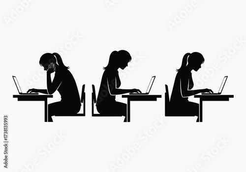 Three students diligently working at desks a striking black silhouette