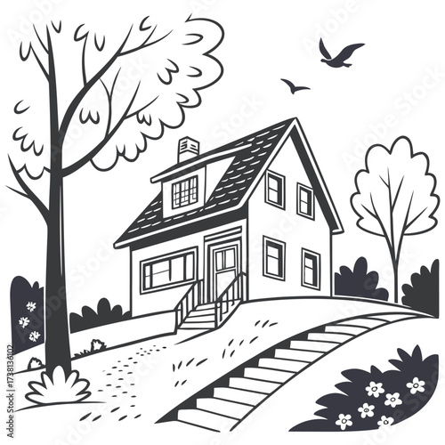 Charming black and white illustration of a house with surrounding nature
