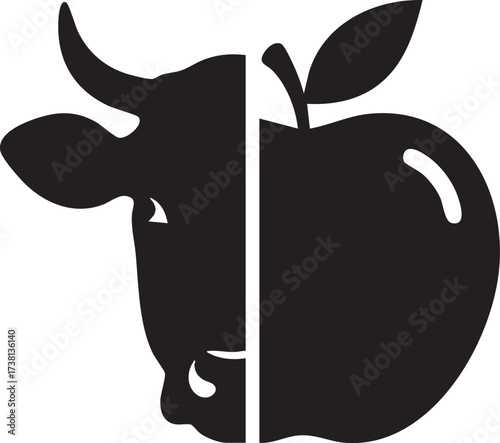 Split Silhouette Hybrid Icon – Cow (Bull) Head & Apple Fruit Graphic Symbol