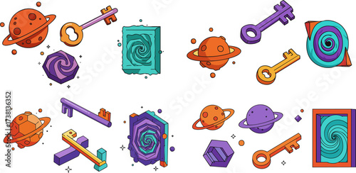 Pixelated planets keys and portals floating in space create a retro game aesthetic