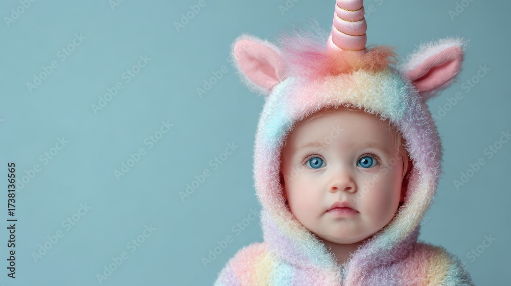 Fototapeta premium Baby Halloween Outfits. Adorable baby in a unicorn costume against a soft blue background.