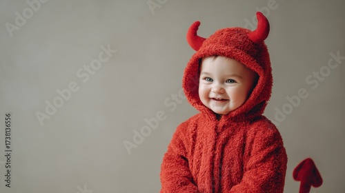 Baby Halloween Outfits. Smiling child in a devil costume, showcasing playful innocence and joy.