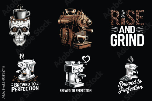 Six unique coffee culture designs including a skull with a coffee cup, antique espresso machines, and bean typography.