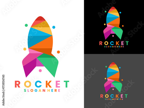Colorful geometric illustration depicts a rocket ship composed of multiple polygons. Creative Rocket logo design