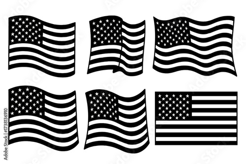 Black and white USA flag vector set. Waving American flags silhouette icons. US national symbol collection for graphic design. United States patriotism emblem monochrome graphic.