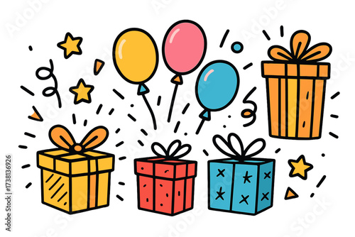 Doodle birthday party elements set. Hand-drawn cartoon vector illustration with gift boxes, presents, balloons, and confetti. Isolated festive surprise icons for celebration design.