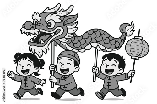 Chinese New Year celebration. Dragon dance with children. Lunar festival parade. Kids in traditional costume. Asian culture. Black and white vector illustration. Boy with lantern.
