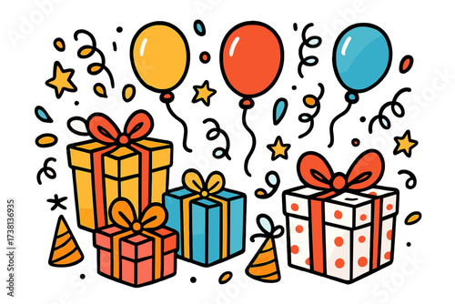 Festive party doodle set. Cartoon gift boxes, surprise presents, colorful balloons, confetti, stars for birthday celebration. Hand drawn vector illustration for holiday design.