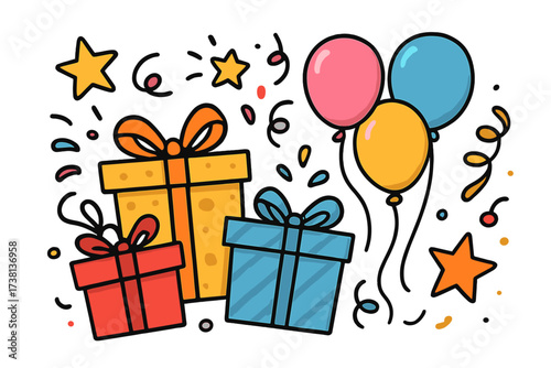 Celebration party background. Doodle gift boxes, surprise presents, and balloons. Vector cartoon illustration elements set for birthday or holiday design. Isolated festive objects.