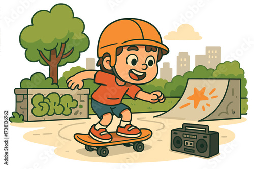 Cartoon child on skateboard in city park. Boy skater character with helmet enjoying outdoor sport activity. Vector illustration of urban street hobby with ramp and boombox.