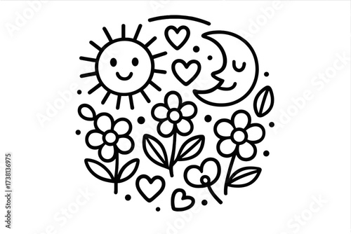 Cute sun moon flowers hearts circular pattern. Happy celestial nature doodle. Kids coloring book page line art. Love romance harmony concept. Simple black white vector icon set.