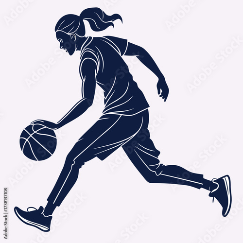 A dynamic female basketball player dribbling with intensity a striking silhouette