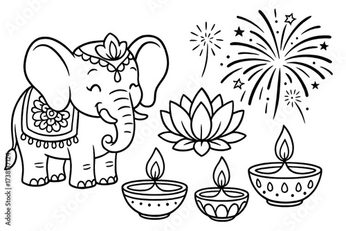 Diwali festival cartoon elements collection. Black and white outline vector of Indian elephant, lotus, diya lamp, and fireworks for Hindu holiday greeting or coloring page.