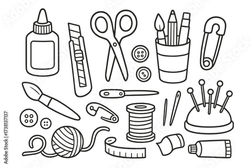 Big set of doodle craft supplies. Line art icons for handmade, DIY, sewing, and art projects. Vector collection with scissors, thread, buttons, glue, and needles isolated.