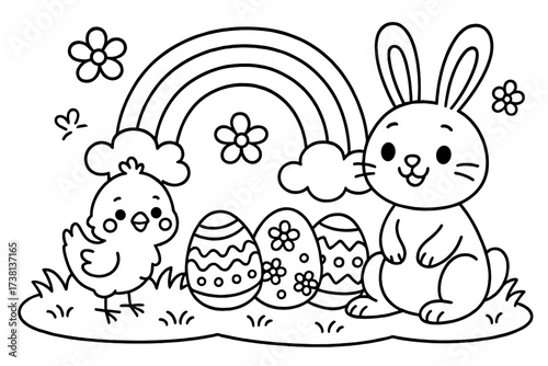 Easter coloring page for kids. Cute bunny, chick, decorated eggs and rainbow. Children's spring holiday activity. Vector cartoon line art illustration for coloring book.