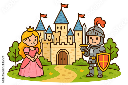 Cute cartoon princess and brave knight at a medieval fantasy castle. Vector illustration of a fairy tale kingdom scene. Royal characters, heroic story for children's book.