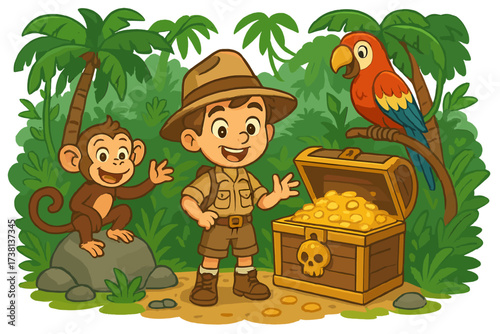 Explorer boy on a jungle adventure finds a treasure chest full of gold. Cute cartoon kid with a monkey and a parrot on a safari. Vector illustration for a quest or discovery.