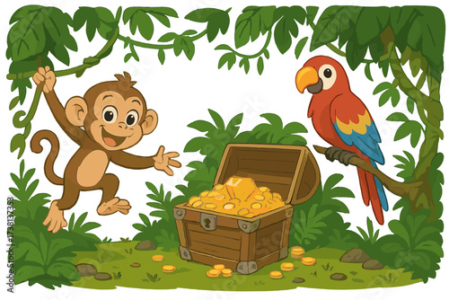 Jungle adventure with cute monkey on vine and parrot finding a hidden pirate treasure chest. Cartoon animal characters in tropical rainforest with gold coins. Vector illustration.