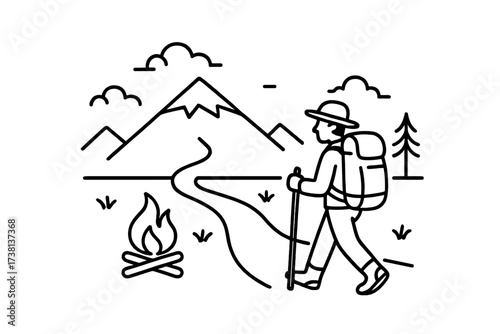 Hiker walking on scenic mountain trail with campfire. Minimalist line art vector illustration for adventure, trekking, and outdoor exploration. Nature landscape with backpacker.