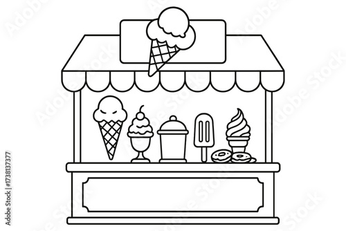 Line art ice cream kiosk with sweet treats. Vector cartoon illustration of a summer food stand or shop. Includes cone, sundae, popsicle, soft serve, and donuts. Dessert market.