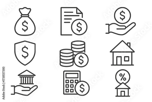 Loan and financing thin line icon set. Financial services, credit solutions, bank money, and mortgage concepts. Vector graphic elements for business, investment, and savings.