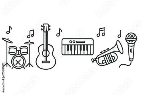 Linear music instruments set with notes. Drums, guitar, keyboard, trumpet, and microphone icons. Vector line art for band, concert, festival, melody, song, or sound concept. Simple cartoon.